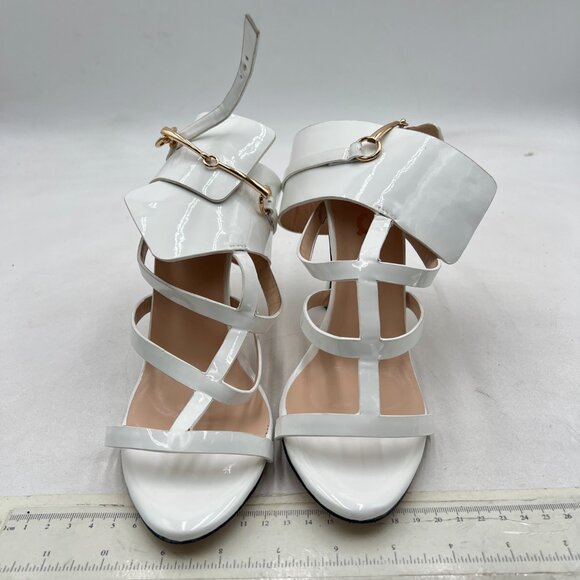 FSJ White Open Toe Stiletto Heels Horsebit Buckle Ankle Strap Sandals - Picture 3 of 8